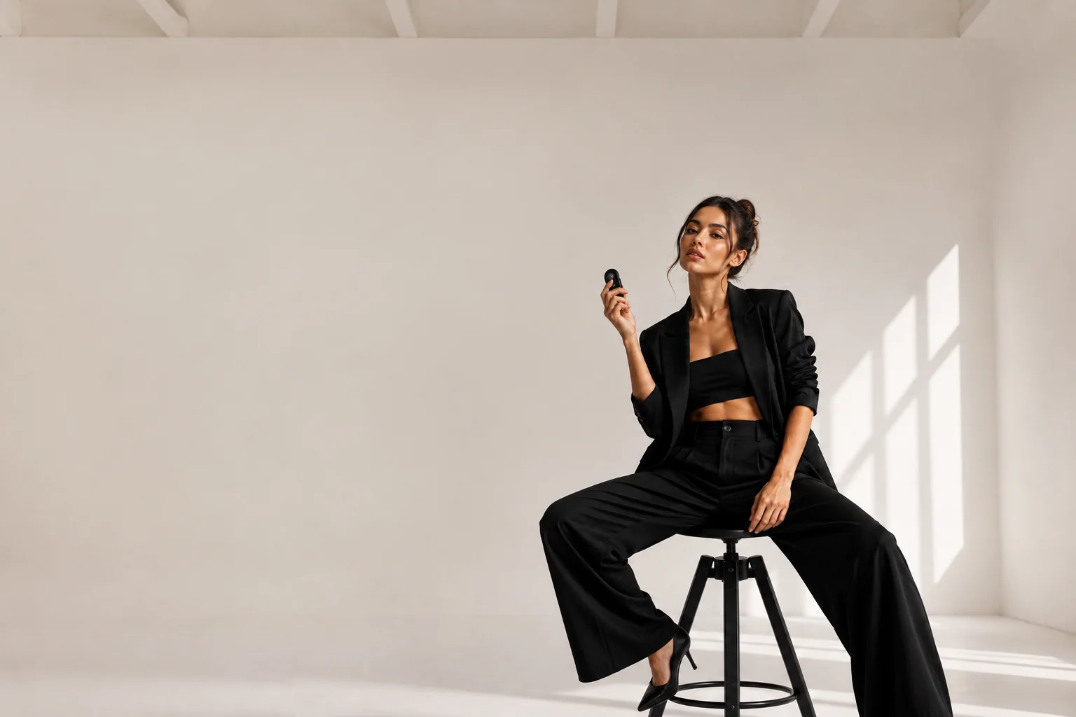 Client taking professional self portraits at SELF. Studios NYC in Queens, New York